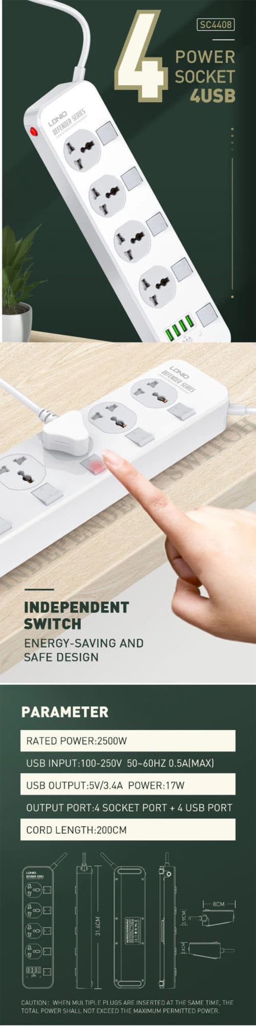 Ldnio Sc W Socket Usb Port Power Strip